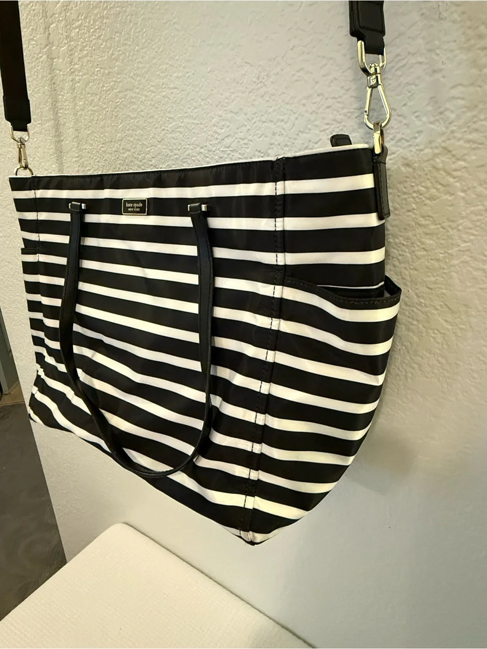 Kate Spade New York Black White Stripe Nylon Diaper Bag + Changing Pad